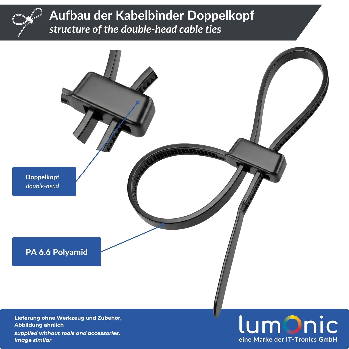 100 Stück Kabelbinder Doppelschlaufe Weiß, 200 × 4,8mm, bis 22kg Zugfestigkeit, Nylon PA6.6, Zwei Bündel an einem Fixpunkt, Kabelmanagement, Industrie, Haushalt