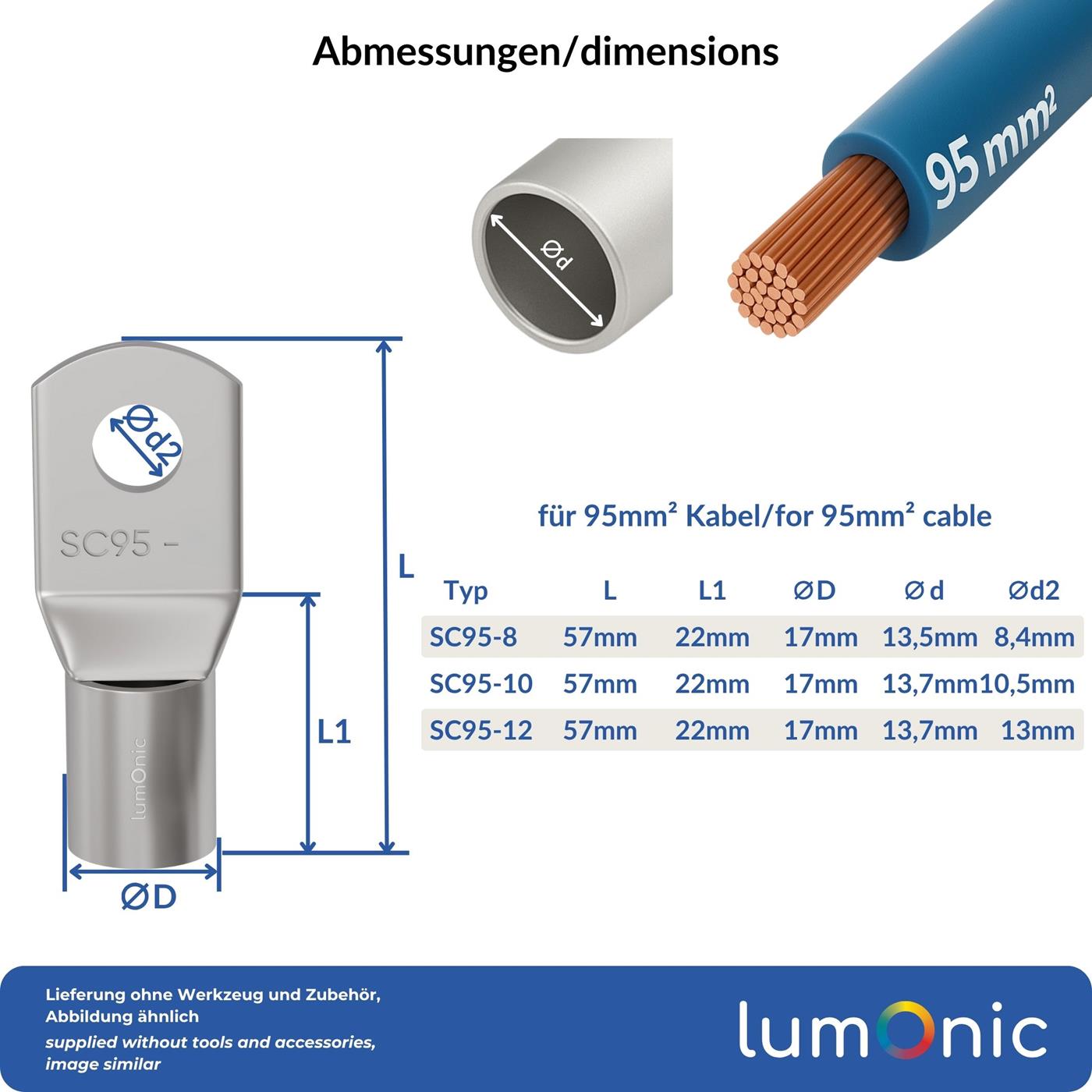 Rohrkabelschuh blank 95mm² Lochdurchmesser M12 SC95-12 Ringzunge Kupfer verzinnt