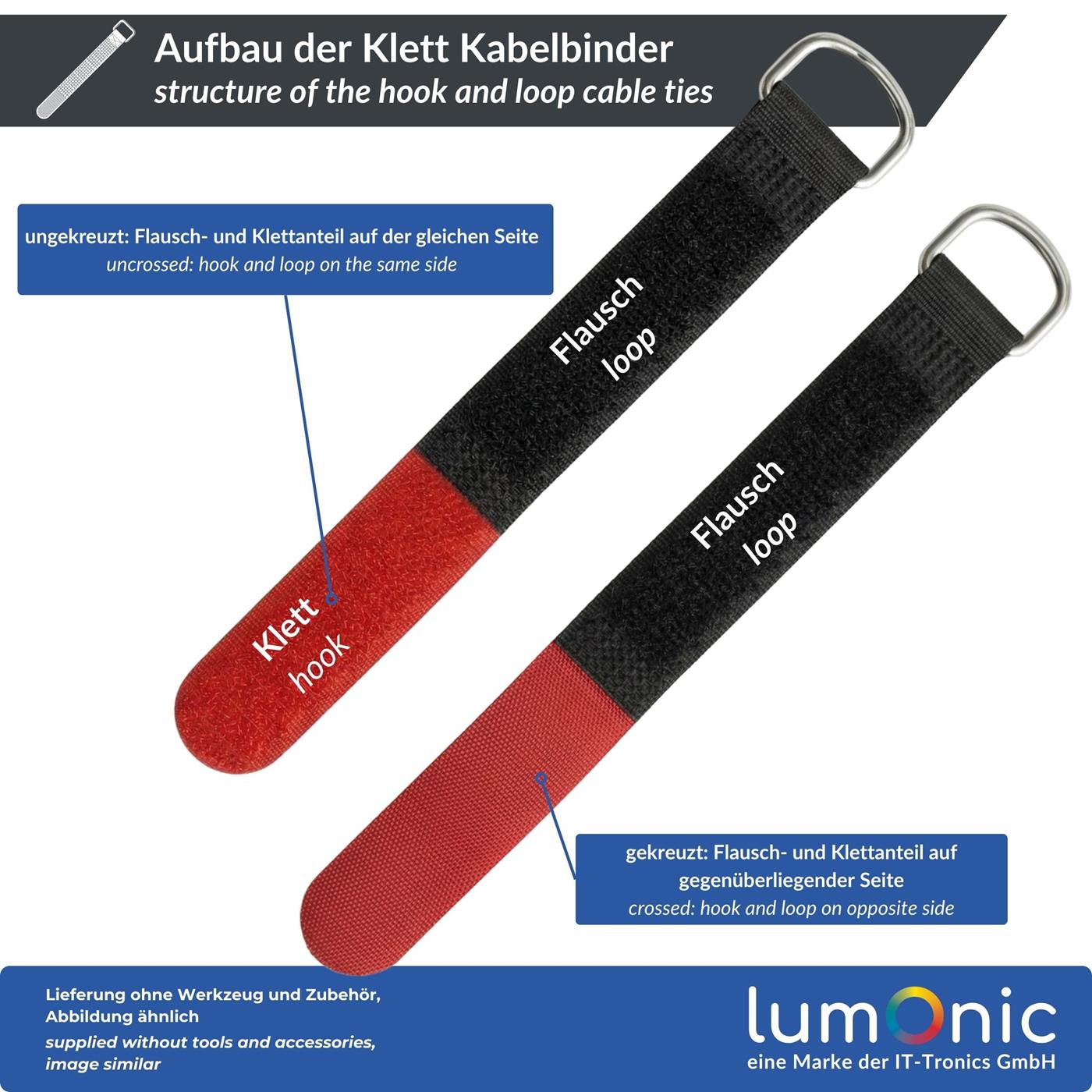 Lumonic 10 Stück Klettkabelbinder schwarz / blau, 300x20mm, gekreuzt, robuste Metallöse, Kabelklett mehrfach wiederverwendbar, einfaches Kabelmanagement und Ordnung